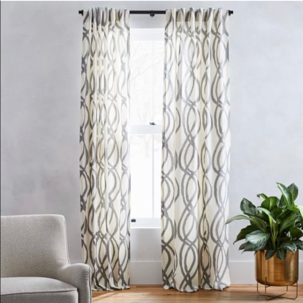 Pair West Elm Cotton Grey Scribble Curtains
